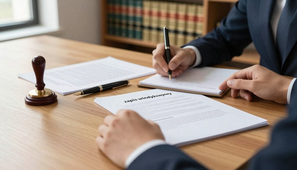 A well-organized office setting featuring a wooden desk with legal documents spread across it, highlighting the concept of "zapis windykacyjny." In the foreground, a close-up of a person's hands, dressed in professional business attire, is writing on a notepad while looking thoughtfully at a document. In the middle, a beautifully crafted notary seal and an elegant fountain pen are placed next to the documents, symbolizing legal authority and precision in asset transfer. The background showcases a softly lit bookshelf filled with law books, creating an atmosphere of professionalism and trust. Warm, natural lighting streams through a window, enhancing the inviting and serious mood of the scene. The overall composition conveys clarity, focus, and a sense of importance surrounding estate planning. A well-organized office setting featuring a wooden desk with legal documents spread across it, highlighting the concept of "zapis windykacyjny." In the foreground, a close-up of a person's hands, dressed in professional business attire, is writing on a notepad while looking thoughtfully at a document. In the middle, a beautifully crafted notary seal and an elegant fountain pen are placed next to the documents, symbolizing legal authority and precision in asset transfer. The background showcases a softly lit bookshelf filled with law books, creating an atmosphere of professionalism and trust. Warm, natural lighting streams through a window, enhancing the inviting and serious mood of the scene. The overall composition conveys clarity, focus, and a sense of importance surrounding estate planning.