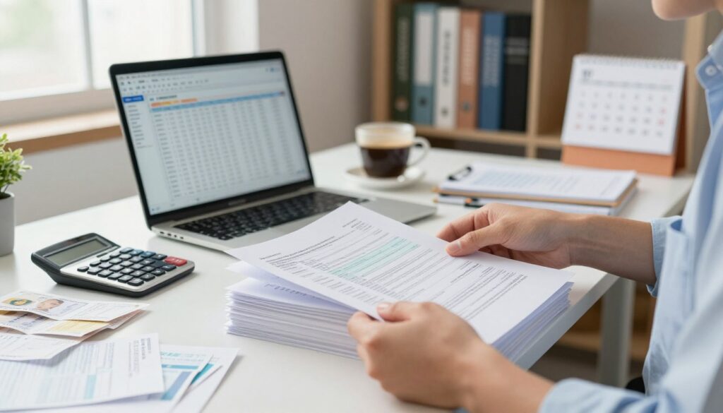 A well-organized office workspace featuring an individual's hands sorting through a stack of paperwork in the foreground, emphasizing documents like tax forms, receipts, and identification papers. The middle ground showcases a desk with a laptop open to an accounting software window, accompanied by a calculator and a cup of coffee. In the background, a well-lit office environment with bookshelves filled with financial and accounting books, alongside a professional calendar. Natural light streams through a window, creating a comfortable atmosphere. The mood is focused and diligent, capturing the essence of preparation and organization before a meeting at a financial office. Ensure that the individual is dressed in business casual attire, maintaining a professional appearance. A well-organized office workspace featuring an individual's hands sorting through a stack of paperwork in the foreground, emphasizing documents like tax forms, receipts, and identification papers. The middle ground showcases a desk with a laptop open to an accounting software window, accompanied by a calculator and a cup of coffee. In the background, a well-lit office environment with bookshelves filled with financial and accounting books, alongside a professional calendar. Natural light streams through a window, creating a comfortable atmosphere. The mood is focused and diligent, capturing the essence of preparation and organization before a meeting at a financial office. Ensure that the individual is dressed in business casual attire, maintaining a professional appearance.
