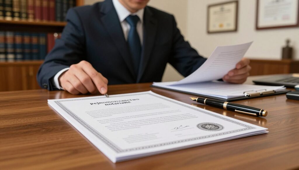 A well-organized scene depicting a "pełnomocnictwo notarialne" document prominently displayed on a polished wooden desk. In the foreground, the document should be beautifully designed, featuring an elegant embossed seal and intricate borders. To the side, a stylish fountain pen lies next to the document, hinting at its use. In the middle ground, a notary public, dressed in professional business attire, is seen reviewing additional paperwork with a serious expression. The background features a softly blurred office environment with bookcases filled with legal books and certificates on the wall, creating an atmosphere of professionalism and trust. Soft, warm lighting highlights the document and the notary, conveying a sense of importance and confidentiality. A well-organized scene depicting a "pełnomocnictwo notarialne" document prominently displayed on a polished wooden desk. In the foreground, the document should be beautifully designed, featuring an elegant embossed seal and intricate borders. To the side, a stylish fountain pen lies next to the document, hinting at its use. In the middle ground, a notary public, dressed in professional business attire, is seen reviewing additional paperwork with a serious expression. The background features a softly blurred office environment with bookcases filled with legal books and certificates on the wall, creating an atmosphere of professionalism and trust. Soft, warm lighting highlights the document and the notary, conveying a sense of importance and confidentiality.