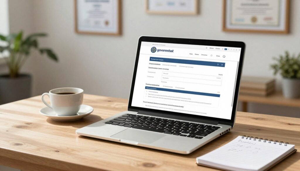 A well-organized, visually appealing workspace showcasing a computer with a detailed online application form for obtaining a birth certificate copy. In the foreground, a neatly arranged desk with a laptop displaying the government website, beside a cup of coffee and a notepad filled with handwritten notes. The middle ground features a warm, inviting atmosphere with natural light illuminating the workspace, casting gentle shadows. In the background, a wall with framed certificates and a potted plant adding a touch of greenery. The mood is professional yet approachable, emphasizing clarity and focus. Use soft lighting to create an inviting ambiance, capturing the essence of completing an online application process efficiently. A well-organized, visually appealing workspace showcasing a computer with a detailed online application form for obtaining a birth certificate copy. In the foreground, a neatly arranged desk with a laptop displaying the government website, beside a cup of coffee and a notepad filled with handwritten notes. The middle ground features a warm, inviting atmosphere with natural light illuminating the workspace, casting gentle shadows. In the background, a wall with framed certificates and a potted plant adding a touch of greenery. The mood is professional yet approachable, emphasizing clarity and focus. Use soft lighting to create an inviting ambiance, capturing the essence of completing an online application process efficiently.