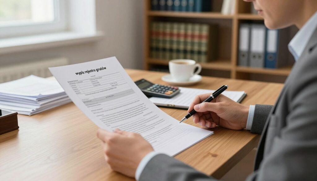 A well-organized workspace featuring a detailed "wypis rejestru gruntów" document prominently displayed on a polished wooden desk. The foreground includes a professional-looking individual, a middle-aged person in business attire, focused on examining the document with a pen in hand. In the middle, next to the document, there's a calculator, a stack of legal paperwork, and a cup of coffee, adding to the professional atmosphere. In the background, a softly lit office environment with bookshelves filled with legal books and a window letting in natural light creates a warm and inviting mood. The composition emphasizes clarity, professionalism, and the importance of land registry documents, capturing the essence of the administrative process. A well-organized workspace featuring a detailed "wypis rejestru gruntów" document prominently displayed on a polished wooden desk. The foreground includes a professional-looking individual, a middle-aged person in business attire, focused on examining the document with a pen in hand. In the middle, next to the document, there's a calculator, a stack of legal paperwork, and a cup of coffee, adding to the professional atmosphere. In the background, a softly lit office environment with bookshelves filled with legal books and a window letting in natural light creates a warm and inviting mood. The composition emphasizes clarity, professionalism, and the importance of land registry documents, capturing the essence of the administrative process.