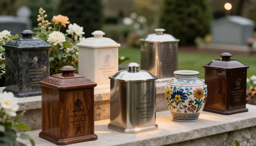 An elegant and thoughtfully designed display of urns that reflect various personalities and characteristics of the deceased. In the foreground, a collection of urns made from different materials: a finely crafted wooden urn, a sleek metal urn, and a colorful ceramic urn, each uniquely adorned with symbols representing different life stories. In the middle background, soft, warm lighting highlights the textures and finishes of the urns, casting gentle shadows. Behind them, a serene garden setting with blooming flowers and green foliage adds a tranquil vibe, enhancing the emotional resonance. The overall mood is reflective and respectful, inviting viewers to consider the personal connections to each urn without distractions. The composition should utilize a slightly blurred background to ensure the focus stays on the urns. An elegant and thoughtfully designed display of urns that reflect various personalities and characteristics of the deceased. In the foreground, a collection of urns made from different materials: a finely crafted wooden urn, a sleek metal urn, and a colorful ceramic urn, each uniquely adorned with symbols representing different life stories. In the middle background, soft, warm lighting highlights the textures and finishes of the urns, casting gentle shadows. Behind them, a serene garden setting with blooming flowers and green foliage adds a tranquil vibe, enhancing the emotional resonance. The overall mood is reflective and respectful, inviting viewers to consider the personal connections to each urn without distractions. The composition should utilize a slightly blurred background to ensure the focus stays on the urns.