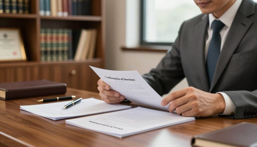 An elegant office scene capturing the essence of inheritance proceedings. In the foreground, a polished, wooden desk with legal documents titled "Confirmation of Inheritance" spread out, a fountain pen elegantly placed beside them. A notary, a middle-aged professional man in a tailored suit, is attentively reviewing the documents with a focused expression. In the middle ground, a warm, inviting bookshelf filled with legal texts and framed certificates, hinting at the professionalism of the environment. The background features a softly lit window, allowing natural light to filter in, creating a serene and trustworthy atmosphere. The overall mood is serious yet hopeful, reflecting the significance of inheritance matters. Use soft, balanced lighting to enhance the professional setting, photographed with a slight depth of field to emphasize the documents and notary. An elegant office scene capturing the essence of inheritance proceedings. In the foreground, a polished, wooden desk with legal documents titled "Confirmation of Inheritance" spread out, a fountain pen elegantly placed beside them. A notary, a middle-aged professional man in a tailored suit, is attentively reviewing the documents with a focused expression. In the middle ground, a warm, inviting bookshelf filled with legal texts and framed certificates, hinting at the professionalism of the environment. The background features a softly lit window, allowing natural light to filter in, creating a serene and trustworthy atmosphere. The overall mood is serious yet hopeful, reflecting the significance of inheritance matters. Use soft, balanced lighting to enhance the professional setting, photographed with a slight depth of field to emphasize the documents and notary.