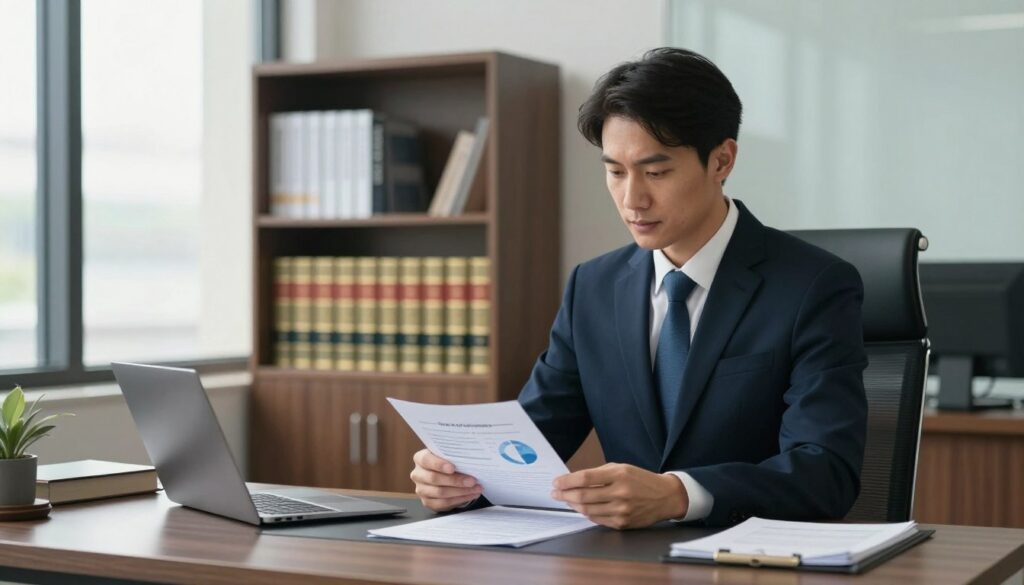 An elegant office setting focused on legal consultations. In the foreground, a professional-looking attorney in formal business attire stands confidently at a sleek, modern desk, examining financial models related to legal fees, represented by documents and charts. The middle ground features a well-organized bookshelf filled with legal texts and family law references. In the background, large windows allow soft, natural light to flood the space, illuminating the polished wood and glass decor, creating a calm yet serious atmosphere. The attorney displays a thoughtful expression, surrounded by a sense of professionalism and dedication. The image should evoke trust and competence in legal services for family matters. An elegant office setting focused on legal consultations. In the foreground, a professional-looking attorney in formal business attire stands confidently at a sleek, modern desk, examining financial models related to legal fees, represented by documents and charts. The middle ground features a well-organized bookshelf filled with legal texts and family law references. In the background, large windows allow soft, natural light to flood the space, illuminating the polished wood and glass decor, creating a calm yet serious atmosphere. The attorney displays a thoughtful expression, surrounded by a sense of professionalism and dedication. The image should evoke trust and competence in legal services for family matters.