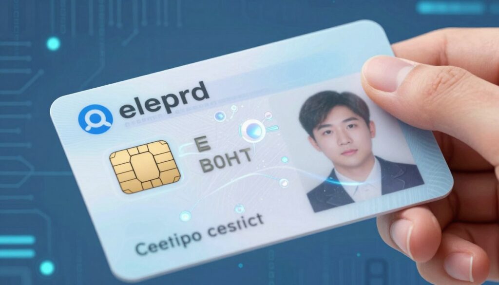 An illustration of an electronic ID card, focusing on its electronic layer. In the foreground, display a close-up of the e-ID, highlighting its intricate microchip and digital components with clear textures and luminescent details. In the middle ground, depict a hand holding the e-ID, with soft reflections on the surface showing advanced technology features. The background should feature a subtle digital landscape, including circuit patterns and binary code, evoking a sense of modernity and sophistication. Use bright, clear lighting to emphasize the e-ID’s features, creating an inviting and professional atmosphere. The image should convey a sense of security and innovation associated with electronic identification. An illustration of an electronic ID card, focusing on its electronic layer. In the foreground, display a close-up of the e-ID, highlighting its intricate microchip and digital components with clear textures and luminescent details. In the middle ground, depict a hand holding the e-ID, with soft reflections on the surface showing advanced technology features. The background should feature a subtle digital landscape, including circuit patterns and binary code, evoking a sense of modernity and sophistication. Use bright, clear lighting to emphasize the e-ID’s features, creating an inviting and professional atmosphere. The image should convey a sense of security and innovation associated with electronic identification.