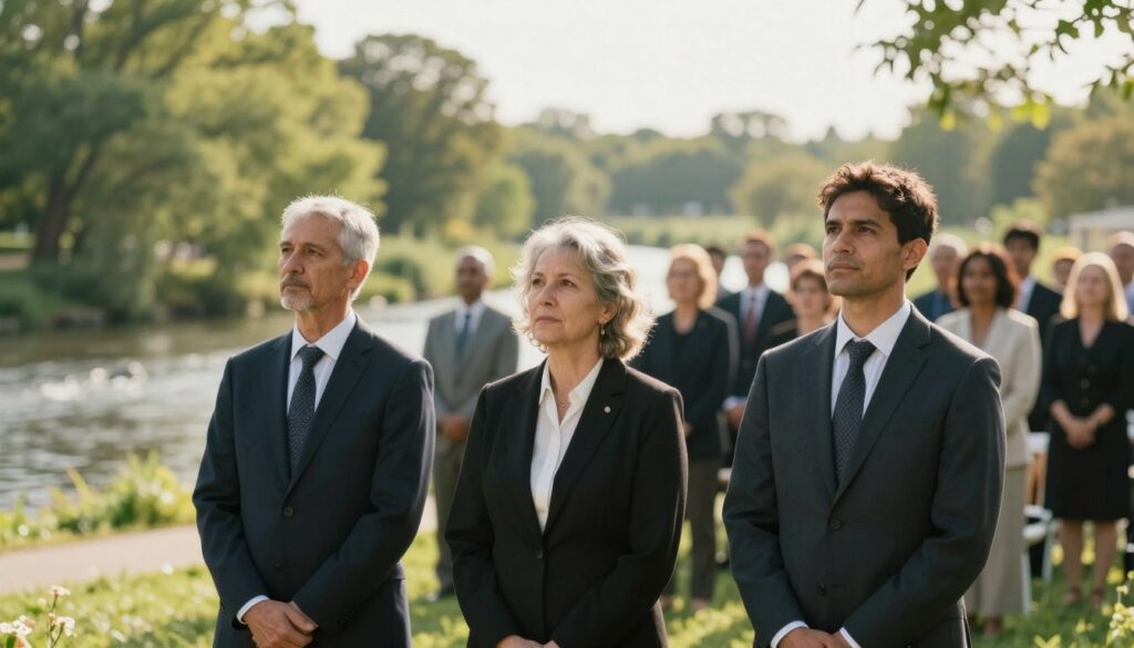 An image depicting a diverse group of individuals standing together in a serene, outdoor setting, symbolizing those who cannot enter into a humanist union. The foreground features three adults in professional business attire, representing a range of ages and ethnicities, standing thoughtfully. In the middle, a soft focus shows a beautiful, symbolic backdrop of a gently flowing river and lush green trees, creating a tranquil atmosphere. The lighting is warm and natural, suggesting a late afternoon sun that casts soft shadows. In the background, blurred silhouettes of a small gathering can be seen, implying the presence of a ceremony without overt details. The overall mood is contemplative and respectful, inviting viewers to reflect on the complexities surrounding the subject. An image depicting a diverse group of individuals standing together in a serene, outdoor setting, symbolizing those who cannot enter into a humanist union. The foreground features three adults in professional business attire, representing a range of ages and ethnicities, standing thoughtfully. In the middle, a soft focus shows a beautiful, symbolic backdrop of a gently flowing river and lush green trees, creating a tranquil atmosphere. The lighting is warm and natural, suggesting a late afternoon sun that casts soft shadows. In the background, blurred silhouettes of a small gathering can be seen, implying the presence of a ceremony without overt details. The overall mood is contemplative and respectful, inviting viewers to reflect on the complexities surrounding the subject.