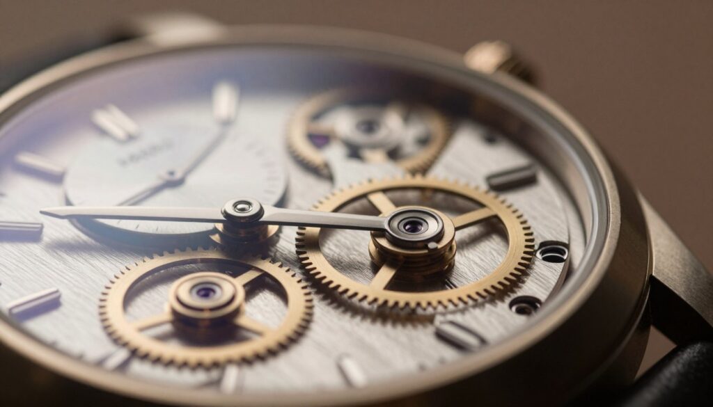 An intricate close-up of a mechanical watch mechanism, showcasing the delicate interplay of gears, springs, and levers. In the foreground, emphasize the fine details of polished metal components glittering under soft, warm lighting, casting gentle shadows that highlight their craftsmanship. The middle layer features a partially transparent watch face, allowing a view into the heart of the mechanism, with subtle reflections adding depth. The background should be a blurred, elegant setting, perhaps hinting at a luxury watch environment, with soft bokeh effects to maintain focus on the mechanism. The overall mood is sophisticated and meticulous, evoking a sense of timekeeping elegance and precision. Use a shallow depth of field and a slight low angle shot to create a dramatic perspective that draws the viewer in. An intricate close-up of a mechanical watch mechanism, showcasing the delicate interplay of gears, springs, and levers. In the foreground, emphasize the fine details of polished metal components glittering under soft, warm lighting, casting gentle shadows that highlight their craftsmanship. The middle layer features a partially transparent watch face, allowing a view into the heart of the mechanism, with subtle reflections adding depth. The background should be a blurred, elegant setting, perhaps hinting at a luxury watch environment, with soft bokeh effects to maintain focus on the mechanism. The overall mood is sophisticated and meticulous, evoking a sense of timekeeping elegance and precision. Use a shallow depth of field and a slight low angle shot to create a dramatic perspective that draws the viewer in.