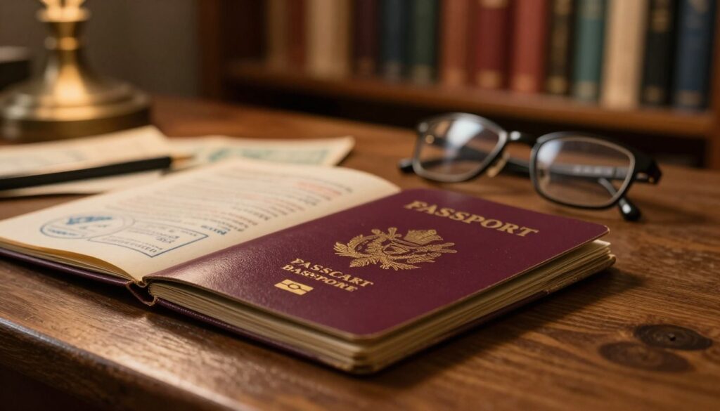 An old, vintage passport resting on a wooden desk, partially open to reveal faded stamps and aged pages. In the foreground, the passport should be positioned prominently with detail on its worn edges and distinguished seal, emphasizing its history. The middle ground features scattered travel documents and a pair of reading glasses, suggesting a nostalgic theme. The background softly blurs into a cozy study ambiance with bookshelves filled with books and a warm, dim light coming from a nearby lamp, casting gentle shadows. The scene evokes a reflective atmosphere, symbolizing travel memories and the passage of time, perfect for illustrating the concept of an old passport. An old, vintage passport resting on a wooden desk, partially open to reveal faded stamps and aged pages. In the foreground, the passport should be positioned prominently with detail on its worn edges and distinguished seal, emphasizing its history. The middle ground features scattered travel documents and a pair of reading glasses, suggesting a nostalgic theme. The background softly blurs into a cozy study ambiance with bookshelves filled with books and a warm, dim light coming from a nearby lamp, casting gentle shadows. The scene evokes a reflective atmosphere, symbolizing travel memories and the passage of time, perfect for illustrating the concept of an old passport.