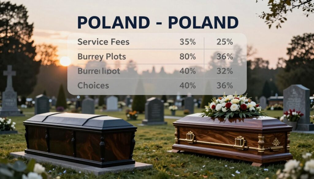 Create a visually compelling image that compares the costs of urn burials and traditional funerals in Poland. In the foreground, display two distinct funerals setups—one featuring elegantly arranged urns with soft, warm lighting, and the other showcasing an ornate traditional casket draped in respectful flowers. In the middle ground, add a subtle yet informative chart comparing key cost elements like service fees, burial plots, and urn choices, rendered in a harmonious manner. The background should be a serene cemetery setting, with a gentle sunset casting a soft glow over the scene. Use a professional lens angle to enhance the depth of field, ensuring the atmosphere remains calm and respectful, reflecting a thoughtful approach to the topic. Create a visually compelling image that compares the costs of urn burials and traditional funerals in Poland. In the foreground, display two distinct funerals setups—one featuring elegantly arranged urns with soft, warm lighting, and the other showcasing an ornate traditional casket draped in respectful flowers. In the middle ground, add a subtle yet informative chart comparing key cost elements like service fees, burial plots, and urn choices, rendered in a harmonious manner. The background should be a serene cemetery setting, with a gentle sunset casting a soft glow over the scene. Use a professional lens angle to enhance the depth of field, ensuring the atmosphere remains calm and respectful, reflecting a thoughtful approach to the topic.