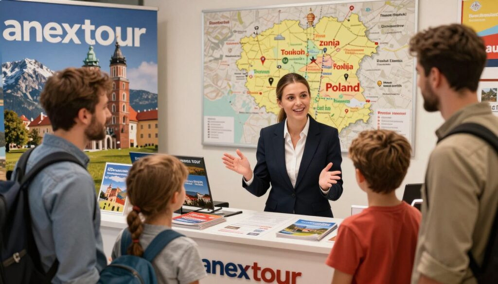 Create an image showcasing "anex tour Poland" as a vibrant travel agency scene. In the foreground, depict a professional travel agent in a neat business attire, enthusiastically discussing holiday options with a family, including two parents and two children dressed in casual but tidy clothing. In the middle ground, showcase a branded travel agency desk filled with brochures and promotional material featuring beautiful Polish landscapes. In the background, include a wall map of Poland highlighting popular tourist destinations like Kraków, Warsaw, and the Tatra Mountains, illuminated with soft, warm lighting to create an inviting atmosphere. Use a slightly wide-angle lens to capture the warmth and dynamic interaction between the travel agent and the family, reflecting a sense of exploration and adventure in Polish tourism. Create an image showcasing "anex tour Poland" as a vibrant travel agency scene. In the foreground, depict a professional travel agent in a neat business attire, enthusiastically discussing holiday options with a family, including two parents and two children dressed in casual but tidy clothing. In the middle ground, showcase a branded travel agency desk filled with brochures and promotional material featuring beautiful Polish landscapes. In the background, include a wall map of Poland highlighting popular tourist destinations like Kraków, Warsaw, and the Tatra Mountains, illuminated with soft, warm lighting to create an inviting atmosphere. Use a slightly wide-angle lens to capture the warmth and dynamic interaction between the travel agent and the family, reflecting a sense of exploration and adventure in Polish tourism.